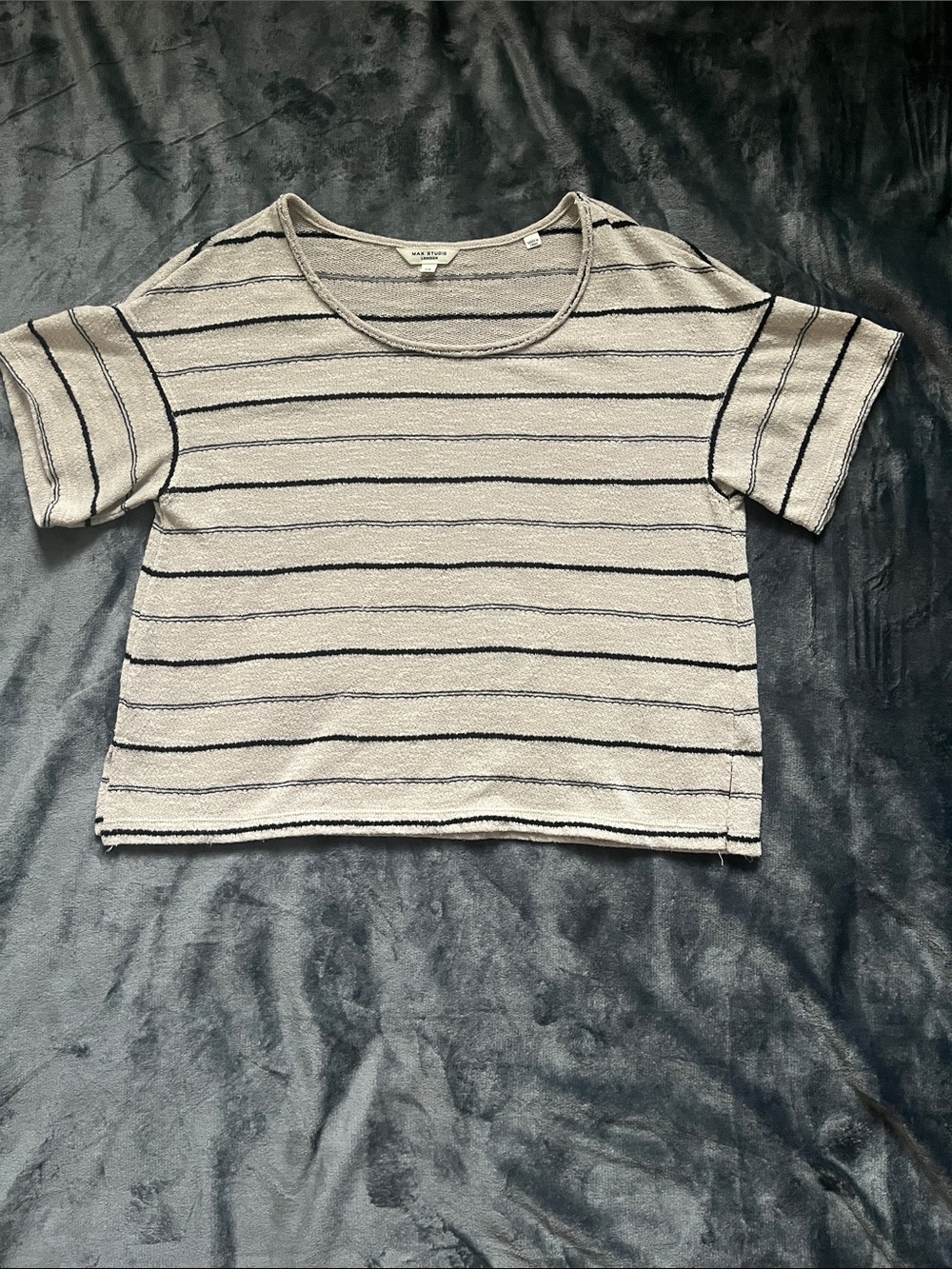 Max Studio London Striped Boxy Knit Short Sleeve Top in Beige and Black XS